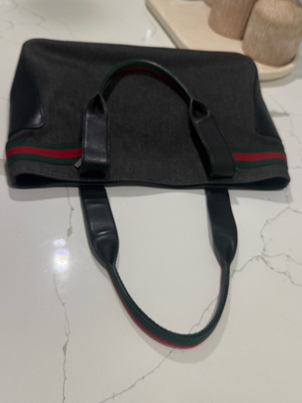 Gucci Vintage Sherry Line Gray Tote with Green & Red Web Straps RARE Canvas EUC - Picture 8 of 12
